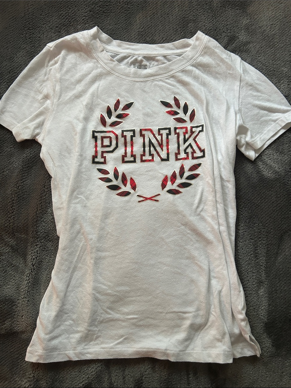 PINK Victoria's Secret White Short Sleeve Tee with Fall/Christmas Plaid Design